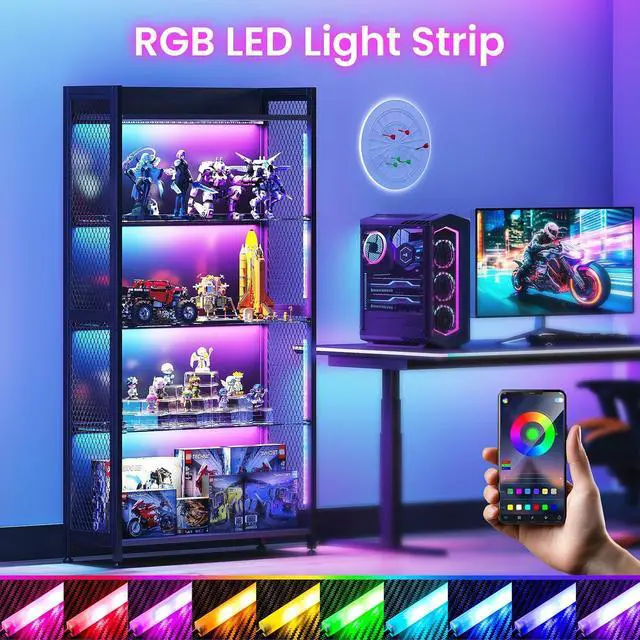 Alt view image 3 of 7 - AODK Display Case with Glass Shelves, 4-Tier Display Cabinet with RGB Lights and Industrial Metal Mesh, Black Display Shelf