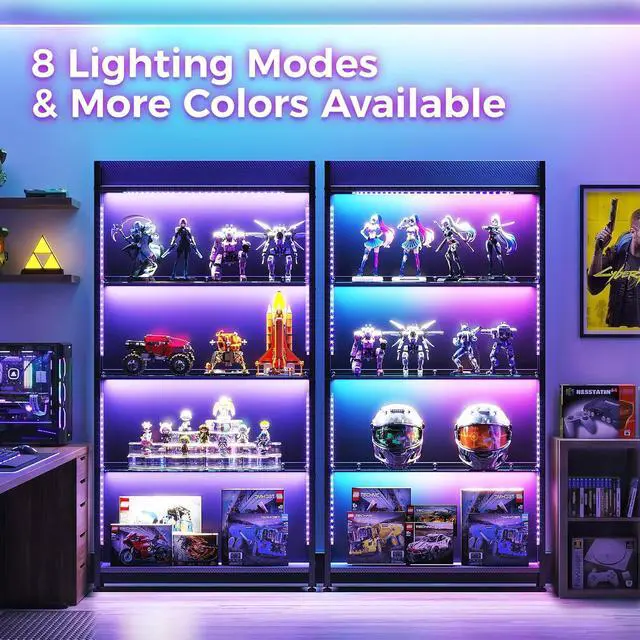 Alt view image 5 of 7 - AODK Display Case with Glass Shelves, 4-Tier Display Cabinet with RGB Lights and Industrial Metal Mesh, Black Display Shelf