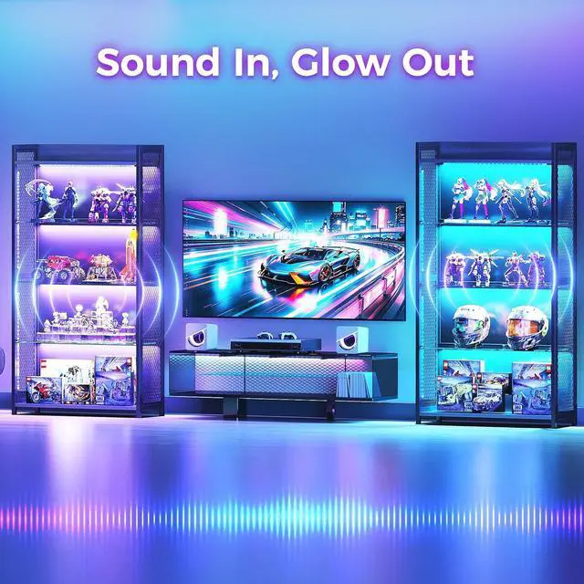 Alt view image 6 of 7 - AODK Display Case with Glass Shelves, 4-Tier Display Cabinet with RGB Lights and Industrial Metal Mesh, Black Display Shelf