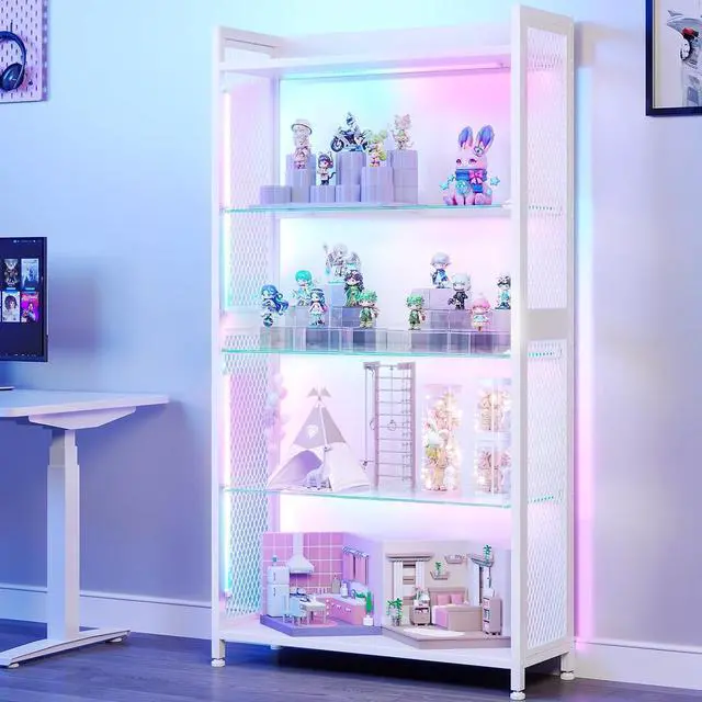 Main image of AODK Display Case with Open Glass Shelves, RGB Light Display Cabinet with Storage Shelves and Industrial Metal Mesh, 4-Tier Display Shelf for Collectibles, Curio Cabinet, White Bookcase