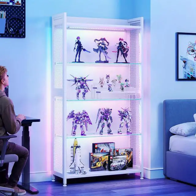 Alt view image 3 of 7 - AODK Display Case with Open Glass Shelves, RGB Light Display Cabinet with Storage Shelves and Industrial Metal Mesh, 4-Tier Display Shelf for Collectibles, Curio Cabinet, White Bookcase