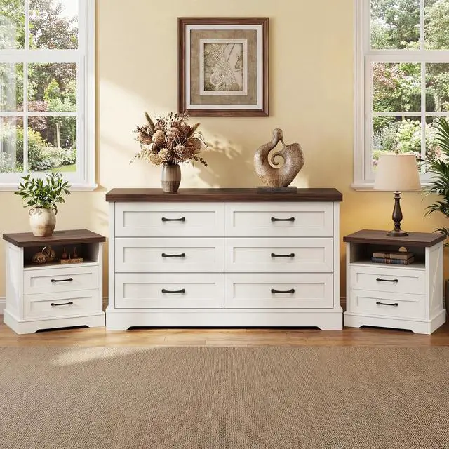 Main image of AODK Dresser and Nightstand Sets 3 Piece, Farmhouse 6-Drawer Dresser & 2 Drawer Nightstand Set, Furniture Set for Bedroom, Rustic White & Dark Walnut
