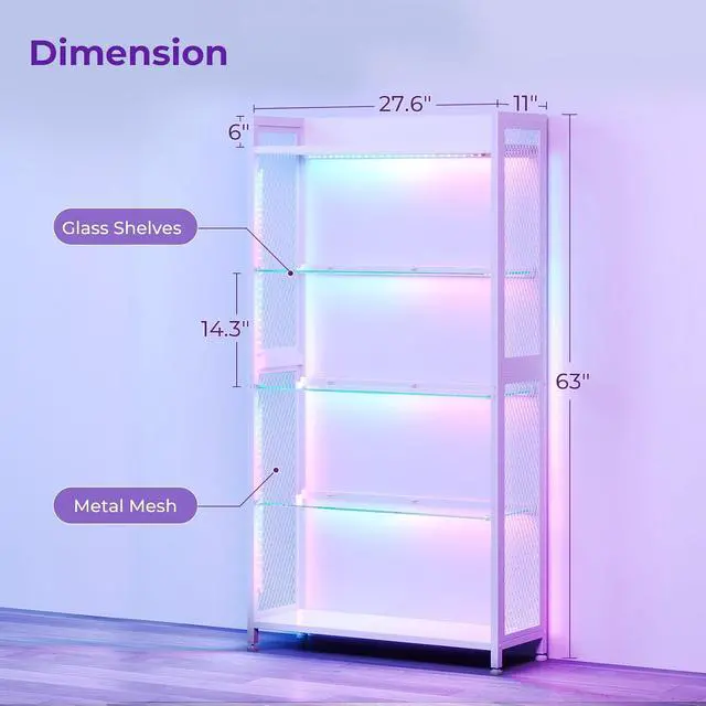 Alt view image 2 of 7 - AODK Display Case with Open Glass Shelves, RGB Light Display Cabinet with Storage Shelves and Industrial Metal Mesh, 4-Tier Display Shelf for Collectibles, Curio Cabinet, White Bookcase