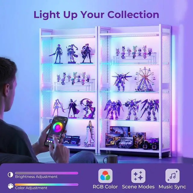 Alt view image 4 of 7 - AODK Display Case with Open Glass Shelves, RGB Light Display Cabinet with Storage Shelves and Industrial Metal Mesh, 4-Tier Display Shelf for Collectibles, Curio Cabinet, White Bookcase