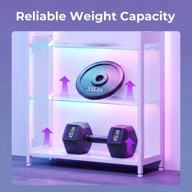 Alt view image 6 of 7 - AODK Display Case with Open Glass Shelves, RGB Light Display Cabinet with Storage Shelves and Industrial Metal Mesh, 4-Tier Display Shelf for Collectibles, Curio Cabinet, White Bookcase