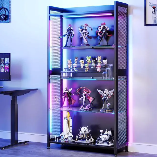 Main image of AODK Display Case with Open Glass Shelves, RGB Light Display Cabinet with Storage Shelves and Industrial Metal Mesh, 4-Tier Display Shelf for Collectibles, Curio Cabinet, Black Bookcase