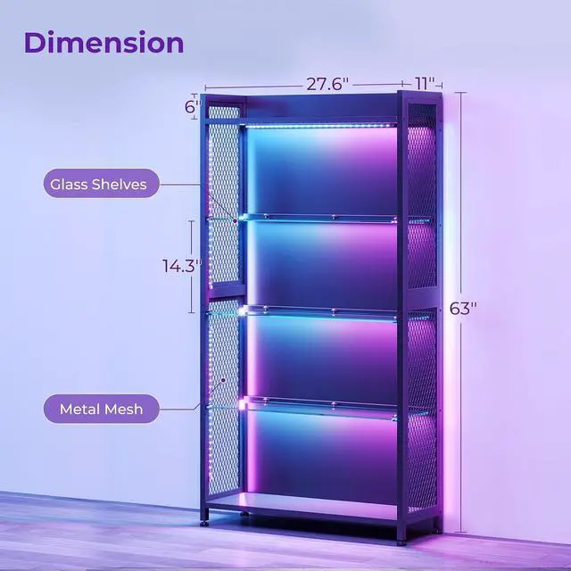 Alt view image 2 of 7 - AODK Display Case with Open Glass Shelves, RGB Light Display Cabinet with Storage Shelves and Industrial Metal Mesh, 4-Tier Display Shelf for Collectibles, Curio Cabinet, Black Bookcase