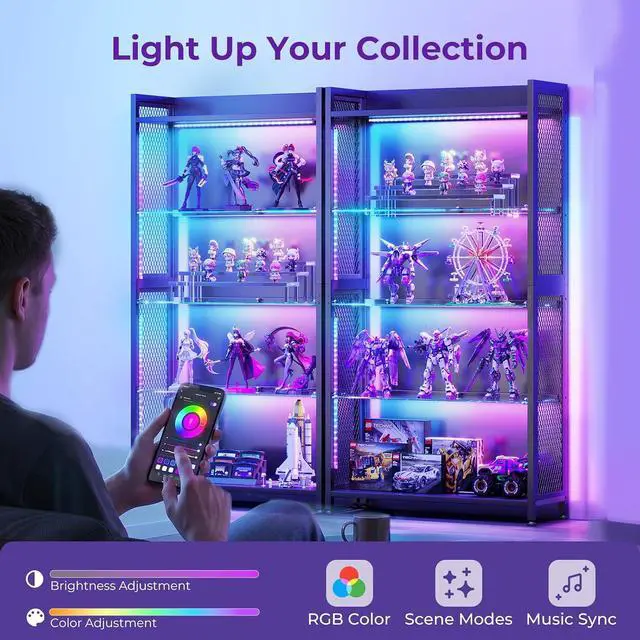 Alt view image 4 of 7 - AODK Display Case with Open Glass Shelves, RGB Light Display Cabinet with Storage Shelves and Industrial Metal Mesh, 4-Tier Display Shelf for Collectibles, Curio Cabinet, Black Bookcase