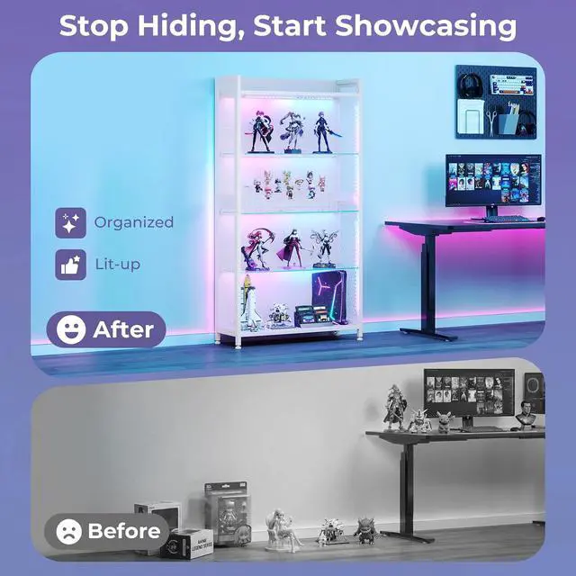 Alt view image 7 of 7 - AODK Display Case with Open Glass Shelves, RGB Light Display Cabinet with Storage Shelves and Industrial Metal Mesh, 4-Tier Display Shelf for Collectibles, Curio Cabinet, White Bookcase