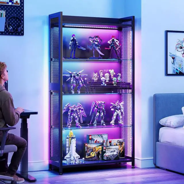 Alt view image 3 of 7 - AODK Display Case with Open Glass Shelves, RGB Light Display Cabinet with Storage Shelves and Industrial Metal Mesh, 4-Tier Display Shelf for Collectibles, Curio Cabinet, Black Bookcase