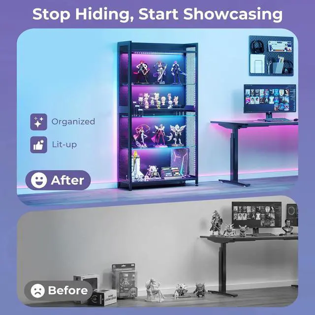 Alt view image 7 of 7 - AODK Display Case with Open Glass Shelves, RGB Light Display Cabinet with Storage Shelves and Industrial Metal Mesh, 4-Tier Display Shelf for Collectibles, Curio Cabinet, Black Bookcase