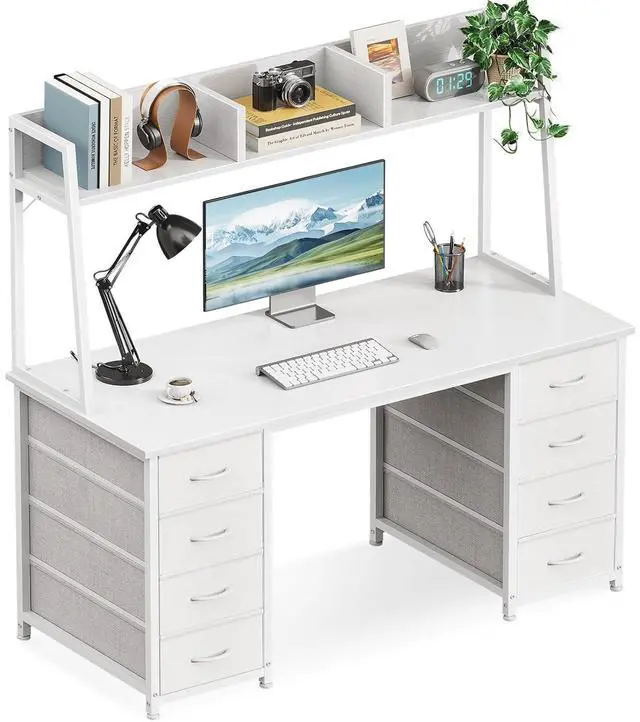 Main image of AODK 48" Computer Desk with Hutch and 8 Fabric Storage Drawers, Modern Home Office Desk with Shelves, Sturdy Study Writing Table for Teens, College Students, Small Spaces, White
