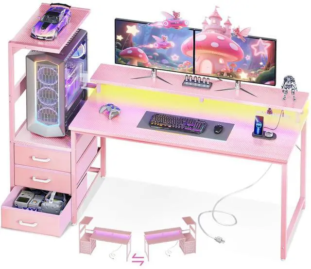 Main image of AODK 59 Inch Gaming Desk with USB Charging Ports & LED Light- Reversible Computer Desk with Storage Shelves & Monitor Stand, Modern Gamer Desk Table with Fabric Drawers, Pink
