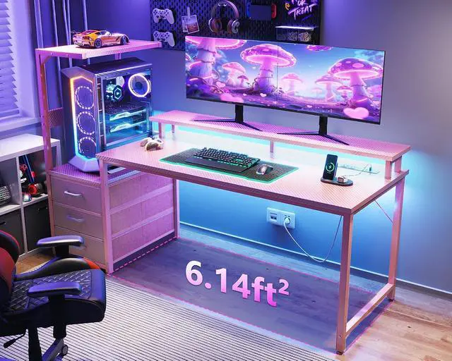 Alt view image 2 of 7 - AODK 59 Inch Gaming Desk with USB Charging Ports & LED Light- Reversible Computer Desk with Storage Shelves & Monitor Stand, Modern Gamer Desk Table with Fabric Drawers, Pink
