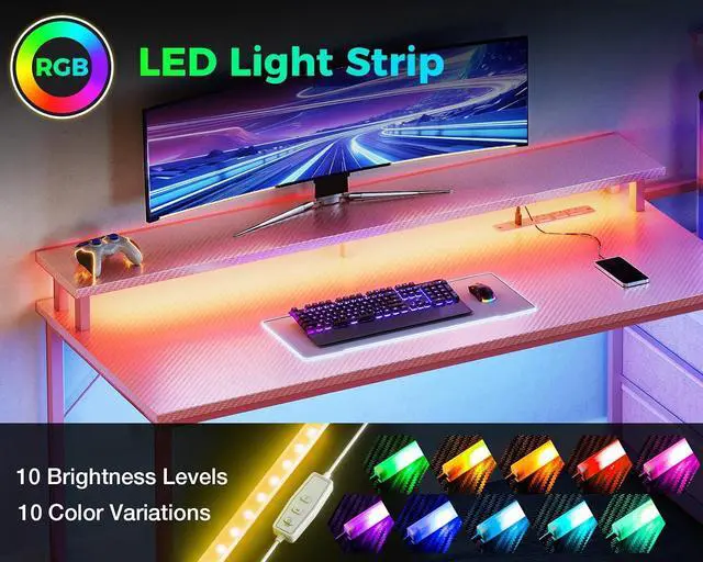 Alt view image 5 of 7 - AODK 59 Inch Gaming Desk with USB Charging Ports & LED Light- Reversible Computer Desk with Storage Shelves & Monitor Stand, Modern Gamer Desk Table with Fabric Drawers, Pink