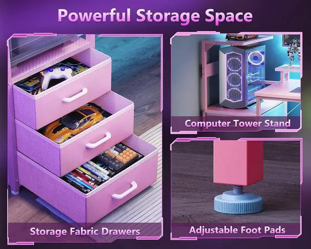 Alt view image 6 of 7 - AODK 59 Inch Gaming Desk with USB Charging Ports & LED Light- Reversible Computer Desk with Storage Shelves & Monitor Stand, Modern Gamer Desk Table with Fabric Drawers, Pink