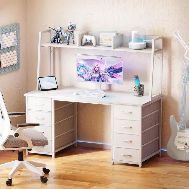 Alt view image 2 of 7 - AODK 48" Computer Desk with Hutch and 8 Fabric Storage Drawers, Modern Home Office Desk with Shelves, Sturdy Study Writing Table for Teens, College Students, Small Spaces, White