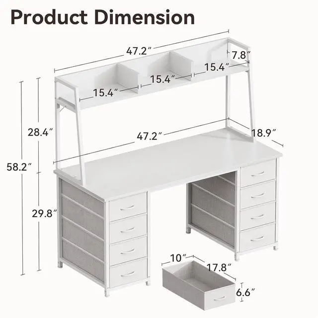 Alt view image 3 of 7 - AODK 48" Computer Desk with Hutch and 8 Fabric Storage Drawers, Modern Home Office Desk with Shelves, Sturdy Study Writing Table for Teens, College Students, Small Spaces, White