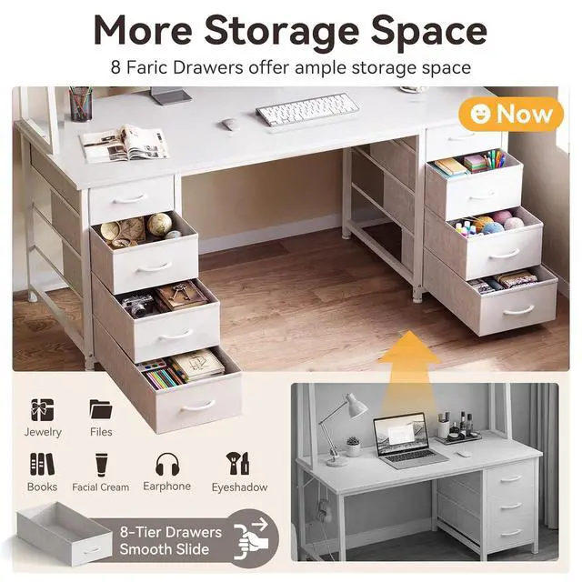 Alt view image 4 of 7 - AODK 54" Computer Desk with Hutch and 8 Fabric Storage Drawers, Modern Home Office Desk with Storage Shelves and Hutch, Sturdy Study Writing Table for Teens, College Students, Small Spaces, White