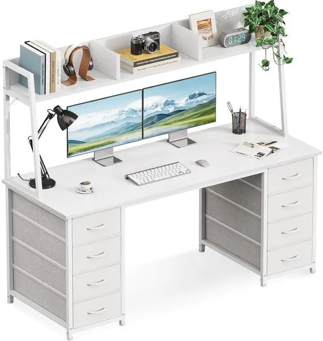 Main image of AODK 54" Computer Desk with Hutch and 8 Fabric Storage Drawers, Modern Home Office Desk with Storage Shelves and Hutch, Sturdy Study Writing Table for Teens, College Students, Small Spaces, White