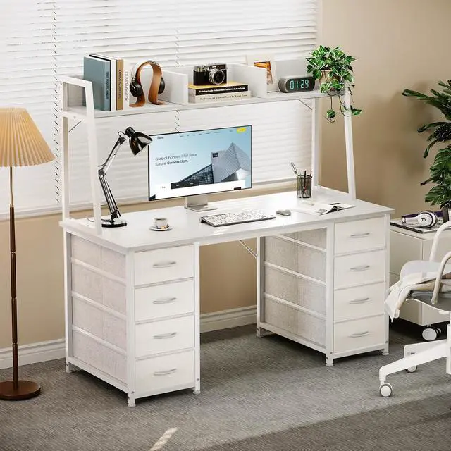 Alt view image 5 of 7 - AODK 48" Computer Desk with Hutch and 8 Fabric Storage Drawers, Modern Home Office Desk with Shelves, Sturdy Study Writing Table for Teens, College Students, Small Spaces, White