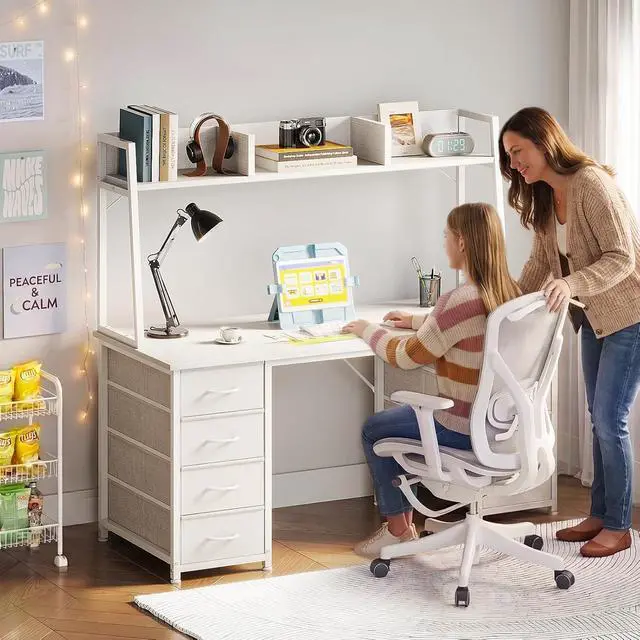 Alt view image 7 of 7 - AODK 48" Computer Desk with Hutch and 8 Fabric Storage Drawers, Modern Home Office Desk with Shelves, Sturdy Study Writing Table for Teens, College Students, Small Spaces, White