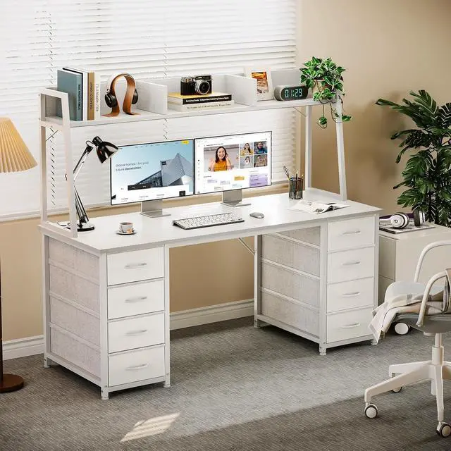 Alt view image 5 of 7 - AODK 54" Computer Desk with Hutch and 8 Fabric Storage Drawers, Modern Home Office Desk with Storage Shelves and Hutch, Sturdy Study Writing Table for Teens, College Students, Small Spaces, White