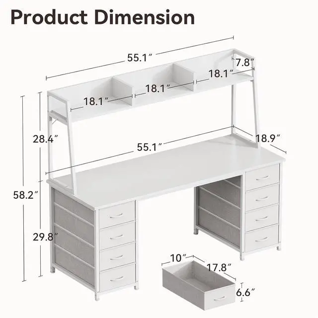 Alt view image 3 of 7 - AODK 54" Computer Desk with Hutch and 8 Fabric Storage Drawers, Modern Home Office Desk with Storage Shelves and Hutch, Sturdy Study Writing Table for Teens, College Students, Small Spaces, White