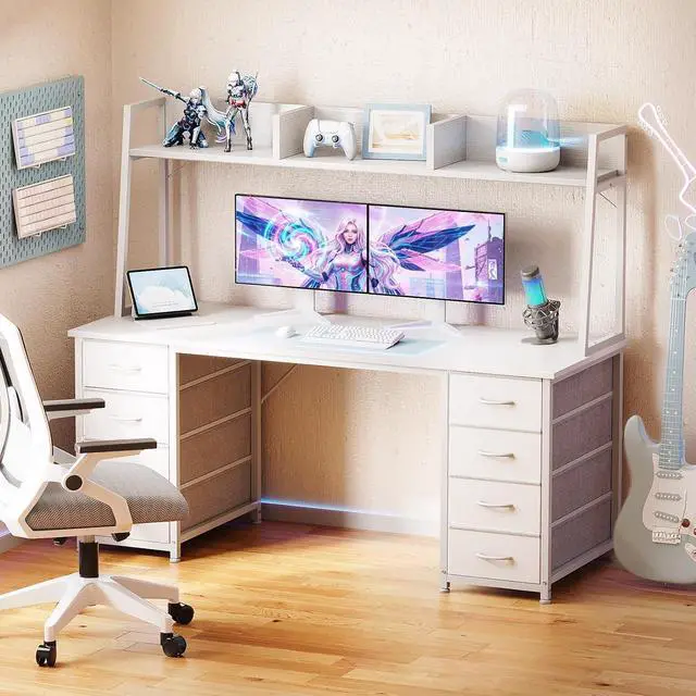 Alt view image 2 of 7 - AODK 54" Computer Desk with Hutch and 8 Fabric Storage Drawers, Modern Home Office Desk with Storage Shelves and Hutch, Sturdy Study Writing Table for Teens, College Students, Small Spaces, White