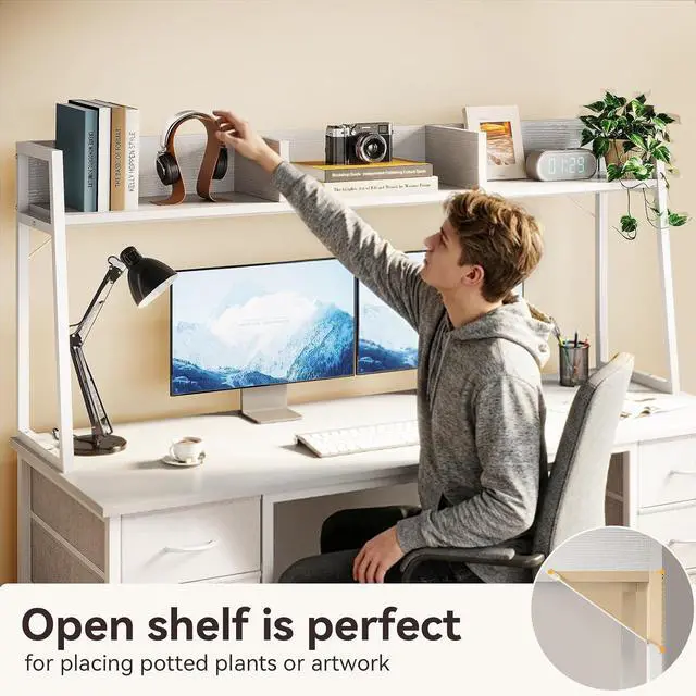 Alt view image 6 of 7 - AODK 54" Computer Desk with Hutch and 8 Fabric Storage Drawers, Modern Home Office Desk with Storage Shelves and Hutch, Sturdy Study Writing Table for Teens, College Students, Small Spaces, White