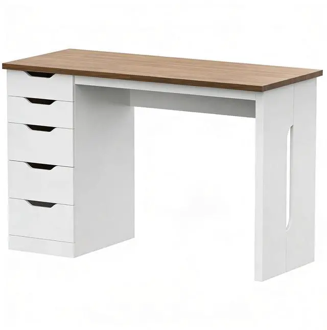 Main image of AODK 48 Inch Computer Desk with 5 Drawers, Small Space Home Office Desk with Storage, Writing Study Table for Bedroom, Work from Home Desk, Deep Walnut & White