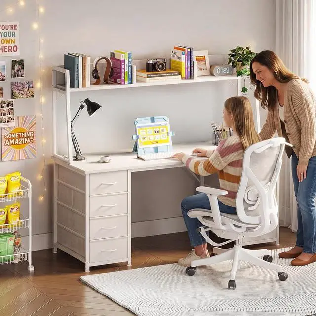 Alt view image 7 of 7 - AODK 54" Computer Desk with Hutch and 8 Fabric Storage Drawers, Modern Home Office Desk with Storage Shelves and Hutch, Sturdy Study Writing Table for Teens, College Students, Small Spaces, White