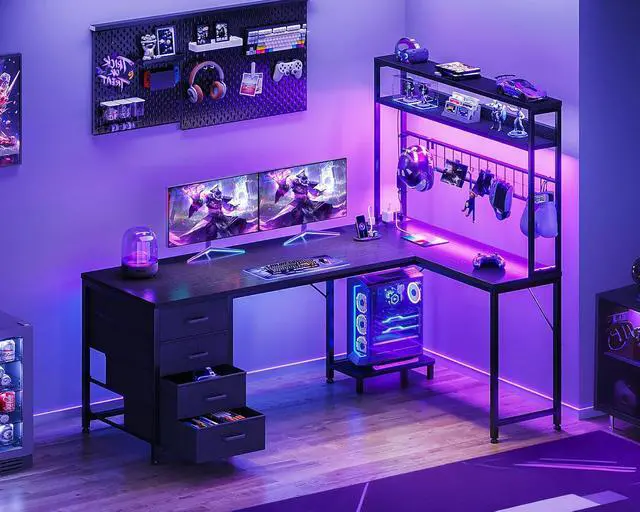 Alt view image 2 of 7 - AODK L Shaped Gaming Desk with 4 Drawers, 59" Reversible Computer Desk with Hutch and Shelves, Gamer Desk with LED Lights, Power Outlets, Home Office Corner Desk with Gird Pegboard, Black