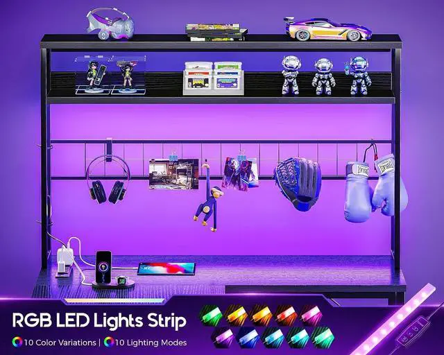 Alt view image 7 of 7 - AODK L Shaped Gaming Desk with 4 Drawers, 59" Reversible Computer Desk with Hutch and Shelves, Gamer Desk with LED Lights, Power Outlets, Home Office Corner Desk with Gird Pegboard, Black