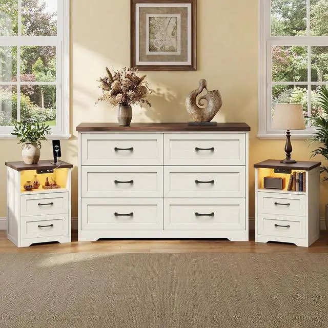 Main image of AODK 3-Piece Bedroom Set 47" Wide 6-Drawer Dresser + 2 Farmhouse Nightstands with 2 Drawers & Charging Station & RGB LED Lights Engineered Wood, Anti-Tip Design, Rustic White & Dark Walnut