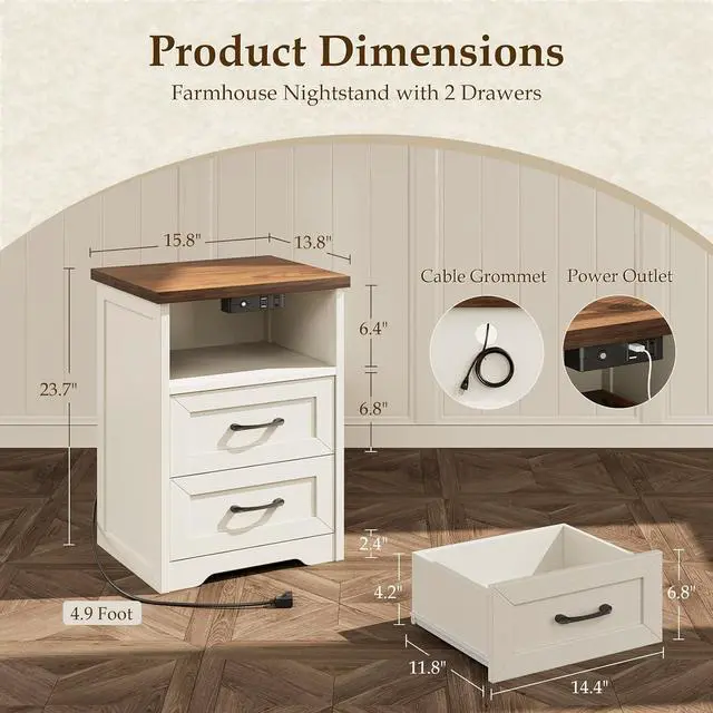 Alt view image 3 of 7 - AODK 3-Piece Bedroom Set 47" Wide 6-Drawer Dresser + 2 Farmhouse Nightstands with 2 Drawers & Charging Station & RGB LED Lights Engineered Wood, Anti-Tip Design, Rustic White & Dark Walnut