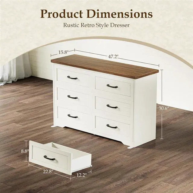 Alt view image 2 of 7 - AODK 3-Piece Bedroom Set 47" Wide 6-Drawer Dresser + 2 Farmhouse Nightstands with 2 Drawers & Charging Station & RGB LED Lights Engineered Wood, Anti-Tip Design, Rustic White & Dark Walnut