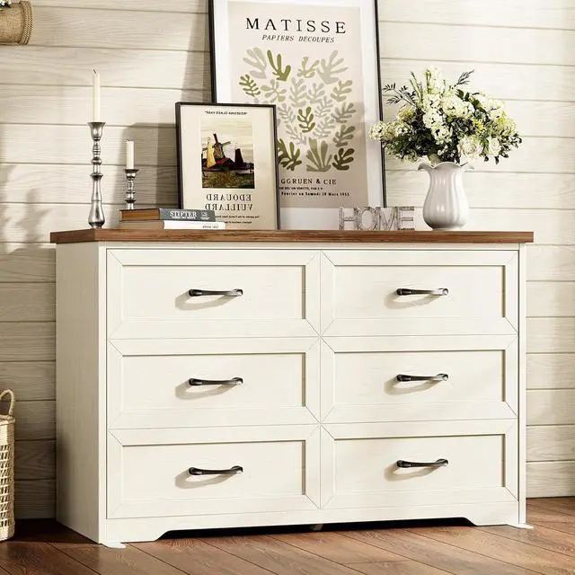 Alt view image 4 of 7 - AODK 3-Piece Bedroom Set 47" Wide 6-Drawer Dresser + 2 Farmhouse Nightstands with 2 Drawers & Charging Station & RGB LED Lights Engineered Wood, Anti-Tip Design, Rustic White & Dark Walnut