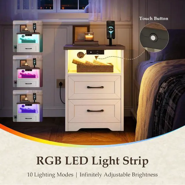 Alt view image 7 of 7 - AODK 3-Piece Bedroom Set 47" Wide 6-Drawer Dresser + 2 Farmhouse Nightstands with 2 Drawers & Charging Station & RGB LED Lights Engineered Wood, Anti-Tip Design, Rustic White & Dark Walnut