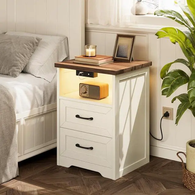 Alt view image 5 of 7 - AODK 3-Piece Bedroom Set 47" Wide 6-Drawer Dresser + 2 Farmhouse Nightstands with 2 Drawers & Charging Station & RGB LED Lights Engineered Wood, Anti-Tip Design, Rustic White & Dark Walnut