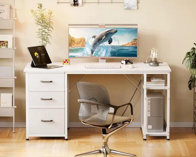 Alt view image 2 of 7 - AODK 51 Inch Computer Desk with Drawers & USB Power Outlets - Reversible Home Office Desk with Storage Shelves, Work from Home, Modern Work/Writing/Study Table for Bedroom, White