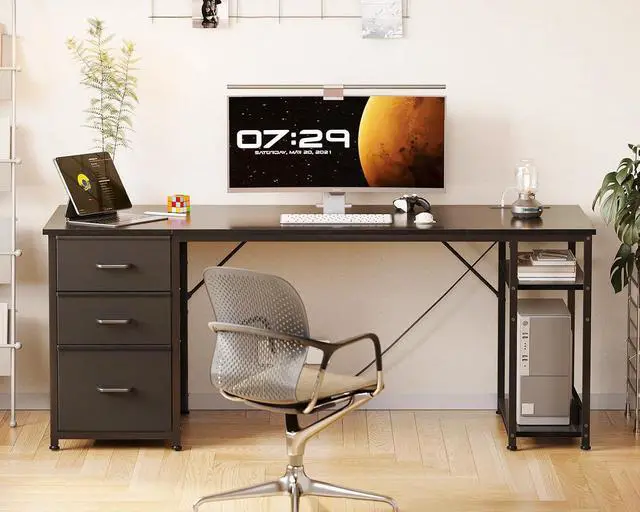 Alt view image 2 of 7 - AODK 63 Inch Computer Desk with Drawers & USB Power Outlets, Reversible Home Office Desk with Storage Shelves, Work from Home, Modern Work/Writing/Study Table for Bedroom, Black