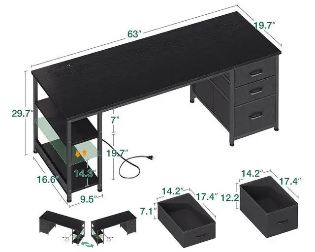 Alt view image 3 of 7 - AODK 63 Inch Computer Desk with Drawers & USB Power Outlets, Reversible Home Office Desk with Storage Shelves, Work from Home, Modern Work/Writing/Study Table for Bedroom, Black