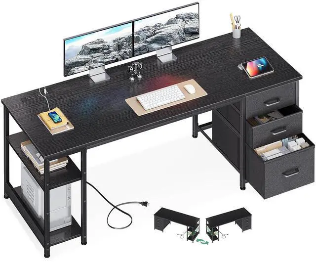 Main image of AODK 63 Inch Computer Desk with Drawers & USB Power Outlets, Reversible Home Office Desk with Storage Shelves, Work from Home, Modern Work/Writing/Study Table for Bedroom, Black