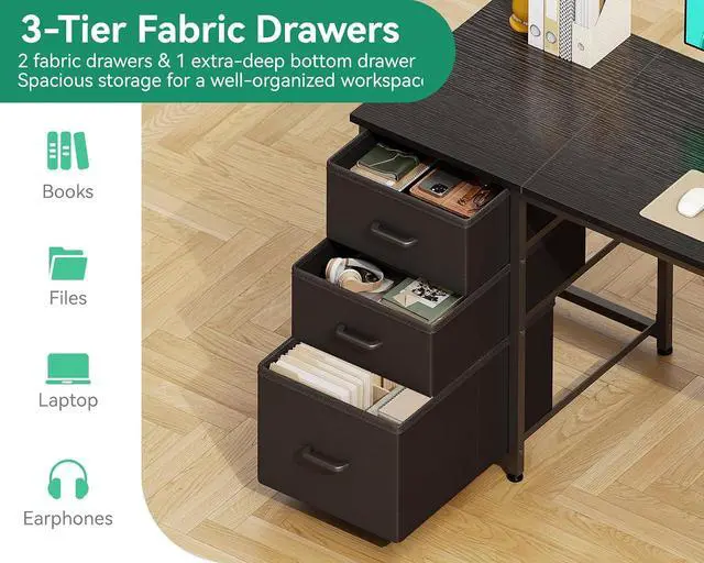 Alt view image 5 of 7 - AODK 63 Inch Computer Desk with Drawers & USB Power Outlets, Reversible Home Office Desk with Storage Shelves, Work from Home, Modern Work/Writing/Study Table for Bedroom, Black