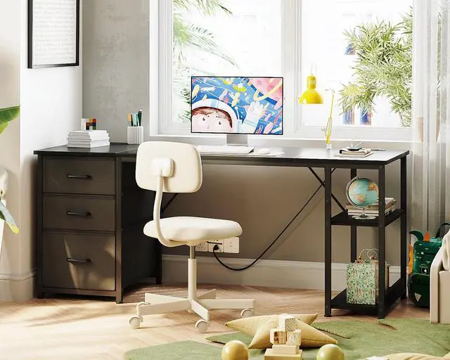 Alt view image 7 of 7 - AODK 63 Inch Computer Desk with Drawers & USB Power Outlets, Reversible Home Office Desk with Storage Shelves, Work from Home, Modern Work/Writing/Study Table for Bedroom, Black