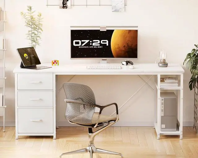 Alt view image 2 of 7 - AODK 63 Inch Computer Desk with Drawers & USB Power Outlets, Reversible Home Office Desk with Storage Shelves, Work from Home, Modern Work/Writing/Study Table for Bedroom, White