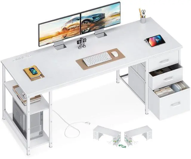 Main image of AODK 63 Inch Computer Desk with Drawers & USB Power Outlets, Reversible Home Office Desk with Storage Shelves, Work from Home, Modern Work/Writing/Study Table for Bedroom, White