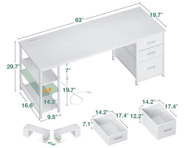Alt view image 3 of 7 - AODK 63 Inch Computer Desk with Drawers & USB Power Outlets, Reversible Home Office Desk with Storage Shelves, Work from Home, Modern Work/Writing/Study Table for Bedroom, White
