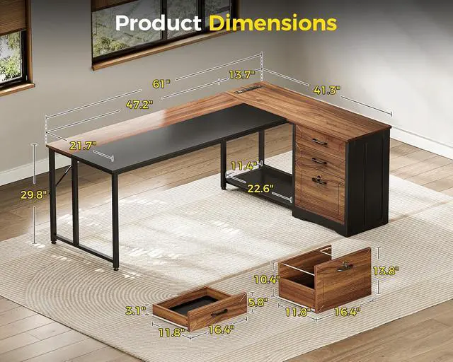 Alt view image 2 of 7 - AODK 61" L Shaped Office Desk with Wood Drawers & Lockable File Cabinet, Reversible 21.7" D Corner Computer Desk with Built-in Power Outlets, Executive Desk for Home Office, Walnut
